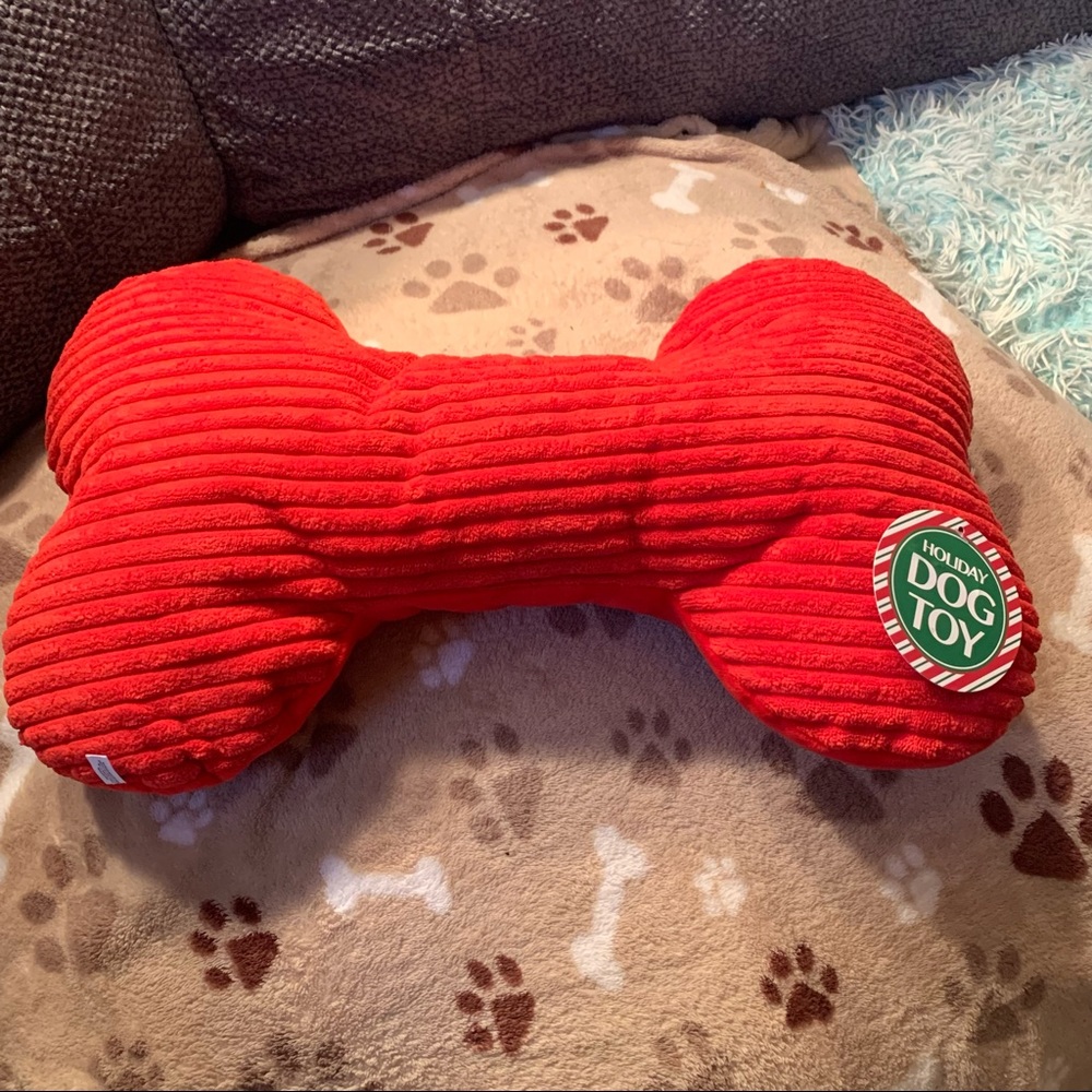 Red large plush squeaky dog bone